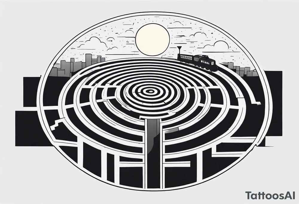 Maze with a train track in the middle. Sky cracking with moon of time tattoo idea