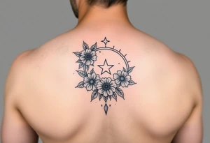 Flower sleeve surrounded by moon and star design for arm tattoo idea