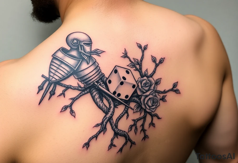 knight and squid intertwined with tree roots and roses rolling dice tattoo idea