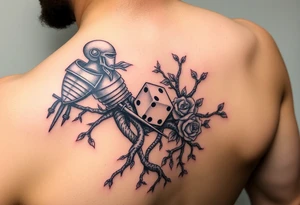 knight and squid intertwined with tree roots and roses rolling dice tattoo idea