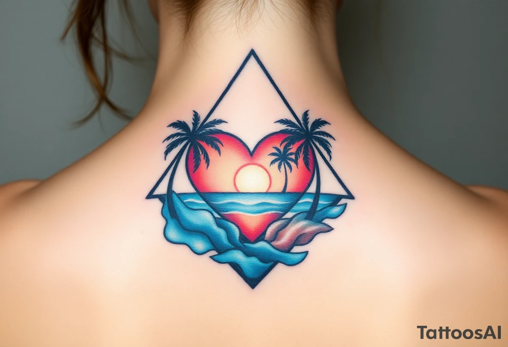 A triangle with a big heart in the center with an ocean theme and palm trees tattoo idea