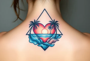 A triangle with a big heart in the center with an ocean theme and palm trees tattoo idea