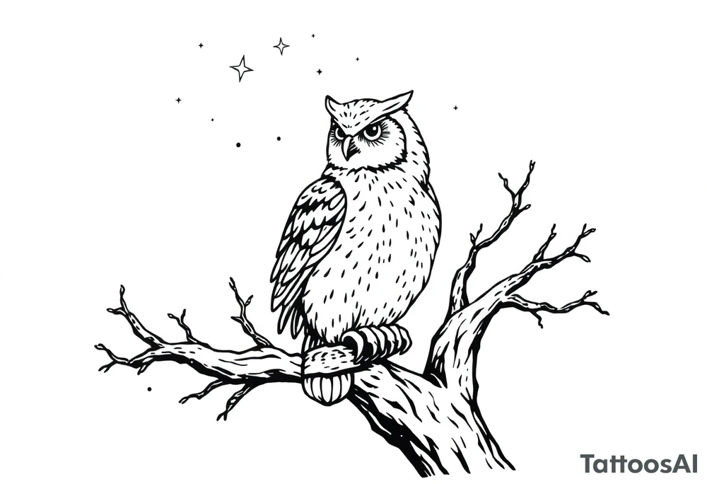 wise owl perched on ancient oak branch under starlit sky tattoo idea