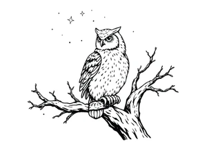 wise owl perched on ancient oak branch under starlit sky tattoo idea