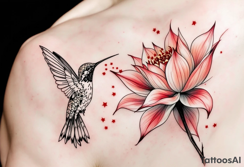 hummingbird drinking from lotus flower (Red and black colors only) tattoo idea