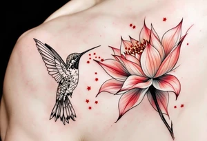 hummingbird drinking from lotus flower (Red and black colors only) tattoo idea