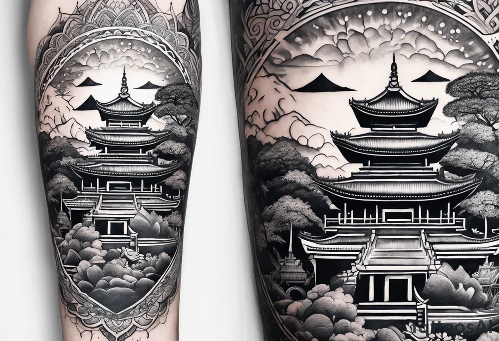 The back of a forearm including a world map, a Buddhist temple and a mandala tattoo idea