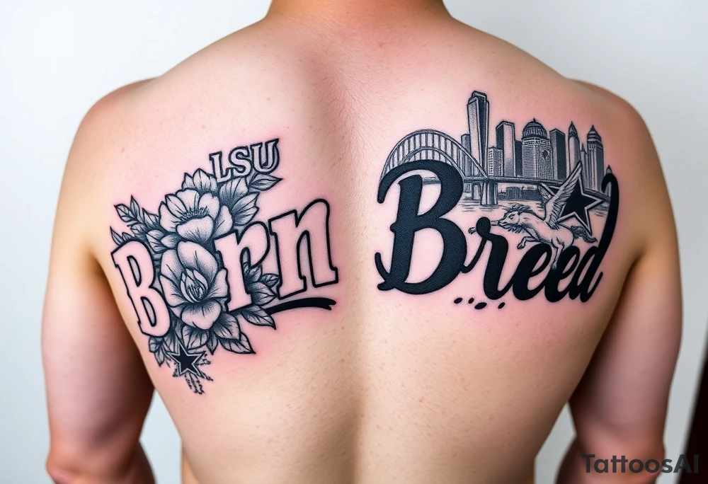 Calf sleeve, black and grey ink. The word “ “Born” outlined boldly on one side and “Bred” outlined boldly on the other side. 
The side with “Born” surrounded by Louisiana artifacts such as LSU logo, SU logo, a detailed magnolia flower, and Mississippi River bridge in the backdrop. 
On the side with the word Bred, Dallas skyline in the background with a Dallas cowboys star somewhere as well as a Pegasus logo. tattoo idea