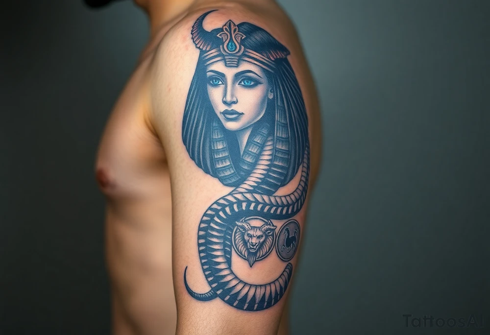 A DSLR photo of a full upper arm tattoo on a man's right arm, from neck to below the elbow. The tattoo shows the Egyptian goddess Renenutet with a serene and powerful female face, shaded with lifelike detail. Her eyes are vivid blue with white highlights. She wears a war crown (Mut or Isis style, with horns and a solar disk), and an ankh on the forehead. Her hair blends into a cobra hood that transitions into the serpent’s body wrapping around the entire arm. The cobra’s scales are deeply shaded black with white edge accents and subtle blue highlights on the back. The body coils protectively around the forearm, encircling three symbols: twin faces (Gemini), a lion’s head in relief (Leo), and a Capricorn with a horned goat and fish tail, each embedded in the snake’s body or stylized medallions. The tattoo glows slightly with white ink accents, giving it a vibrant, almost living presence. Photographed in soft studio lighting to highlight texture and shading, with visible skin grain and depth of ink. tattoo idea