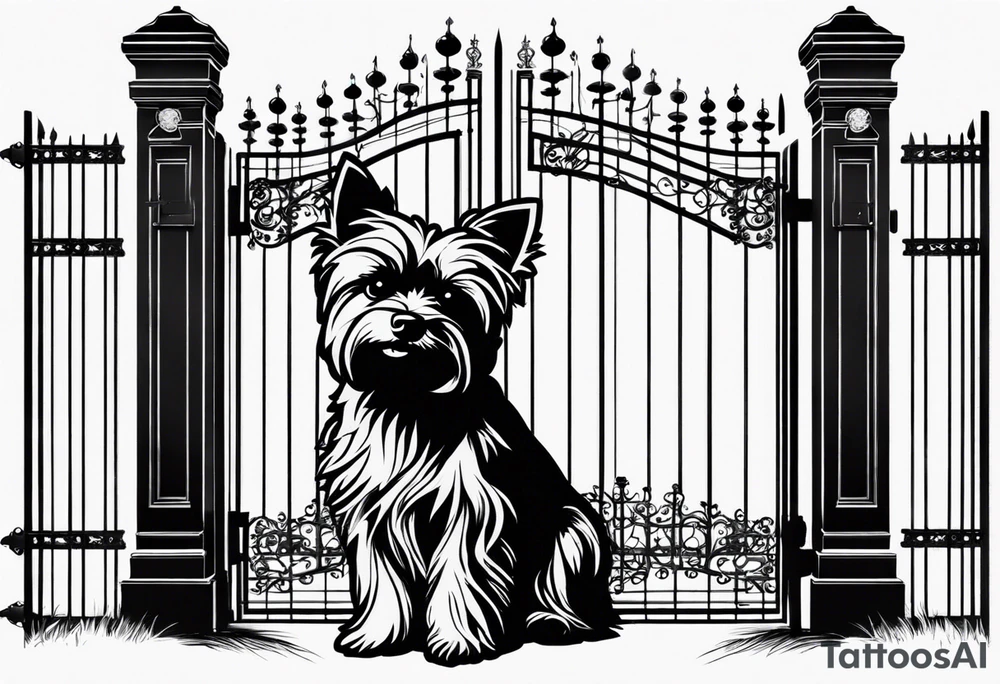 Yorkshire terrier standing outside of paradise. The gate is half opened. On the gate is written the date 05.06.2024 tattoo idea