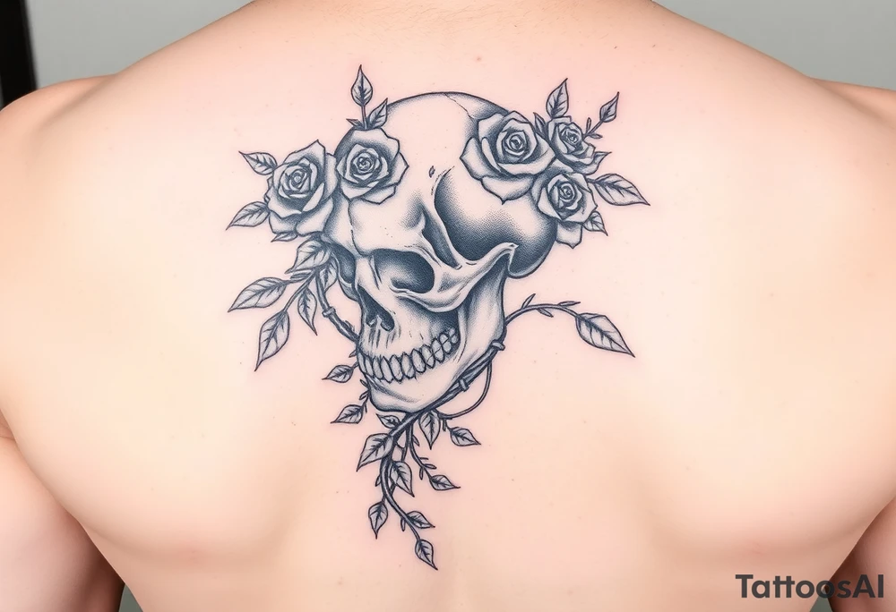 gothic skull intertwined with climbing roses and thorny vines tattoo idea