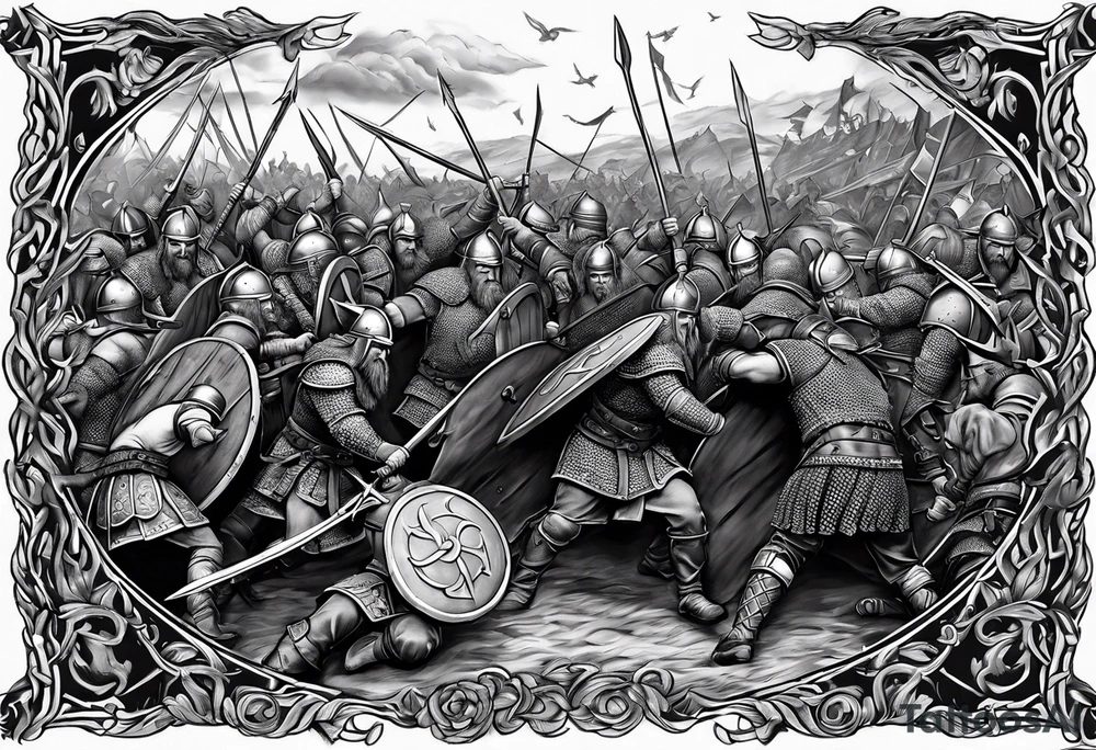 realistic Viking battle scene to go on a back tattoo idea