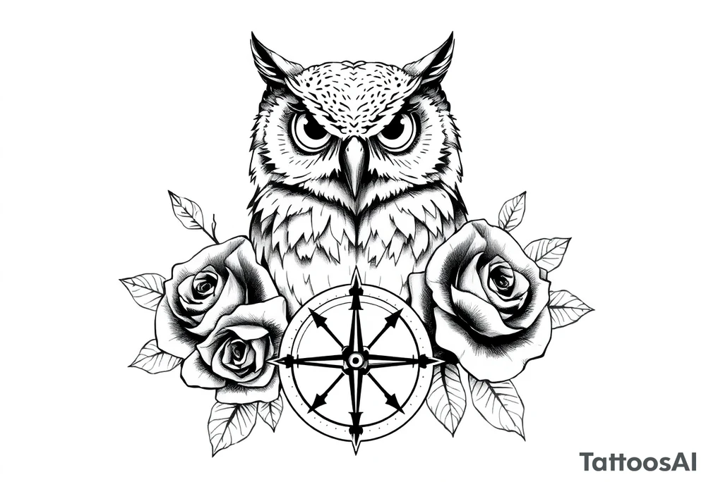 an owl,compass,roses, tattoo idea