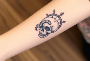 Skull with a snake going through its eyes and prickly vines with a clock in the background tattoo idea