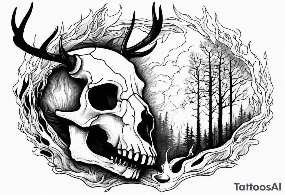 Scary side profile of a DECAYING deer skull JUST BONE surrounded by a flames and trees in background tattoo idea