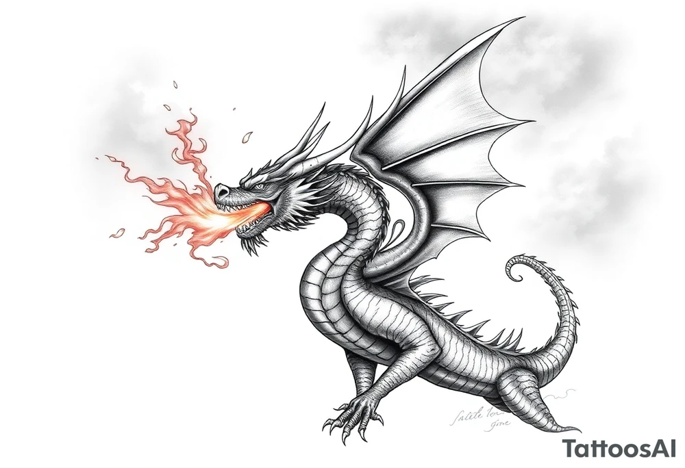 fierce dragon breathing iridescent fire against stormy skies tattoo idea