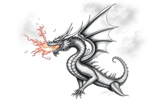 fierce dragon breathing iridescent fire against stormy skies tattoo idea