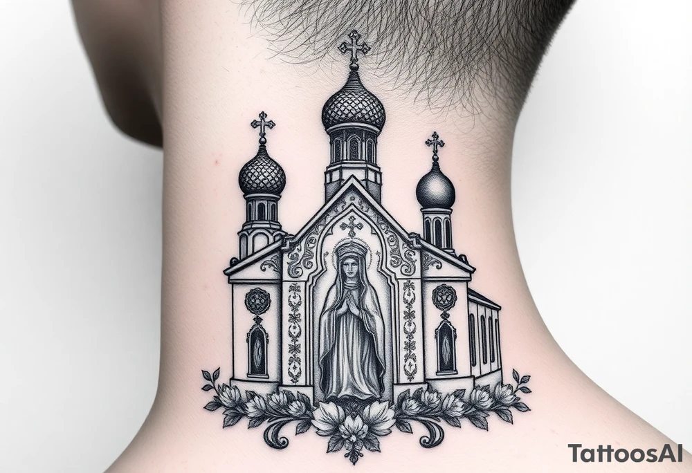 medium traditional russian orthodox church with a russian coat arms and virgin mary tattoo idea