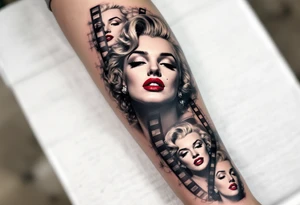 A filmstrip tattoo with several Marilyn Monroe expressions in black and grey with one red-lipped close-up. tattoo idea
