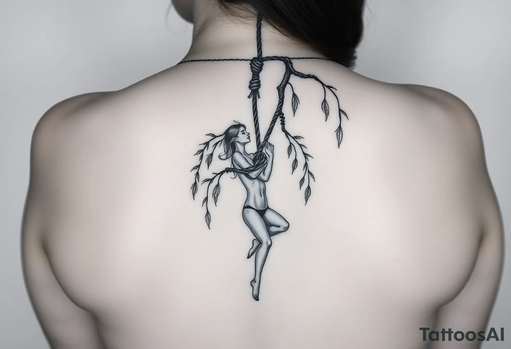 naked plus sized sexy woman hanging with a noose around her neck dying from aweeping willow tree tattoo idea