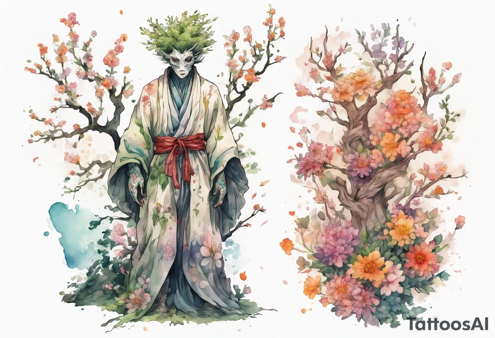 a tree-man hybrid covered in flowers wearing a long robe tattoo idea
