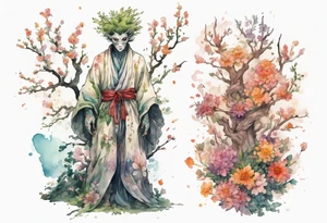 a tree-man hybrid covered in flowers wearing a long robe tattoo idea