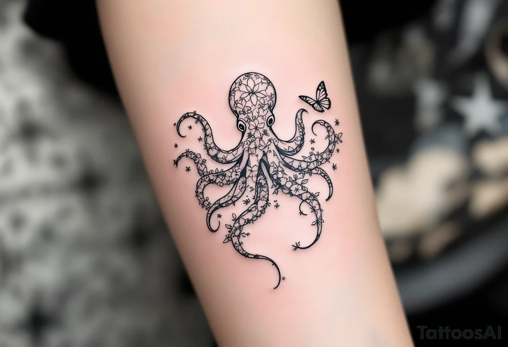 A simple fine-line tattoo design of a single octopus made entirely of flowers and butterflies. The octopus’s tentacles are shaped like flowing floral vines with leaves and petals, and its body is composed of overlapping blossoms and butterfly wings. Incorporate sacred geometry. The style is minimalist, elegant, and nature-inspired, with delicate black and grey lines, soft shading, and no outlines. No aquatic or marine elements besides the floral octopus. Simple. The design flows organically down the upper arm or shoulder, with a light, airy feel, minimalist tattoo idea