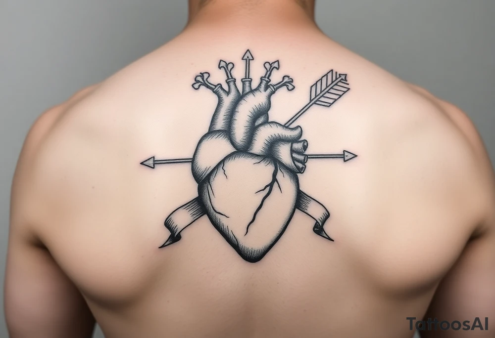 anatomical heart pierced by ornate arrow with flowing ribbons tattoo idea