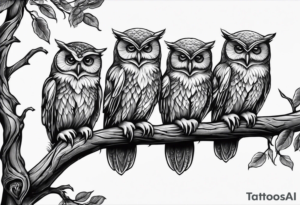 Hear no evil, see no evil, speak no evil owls on branch tattoo idea
