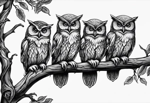 Hear no evil, see no evil, speak no evil owls on branch tattoo idea