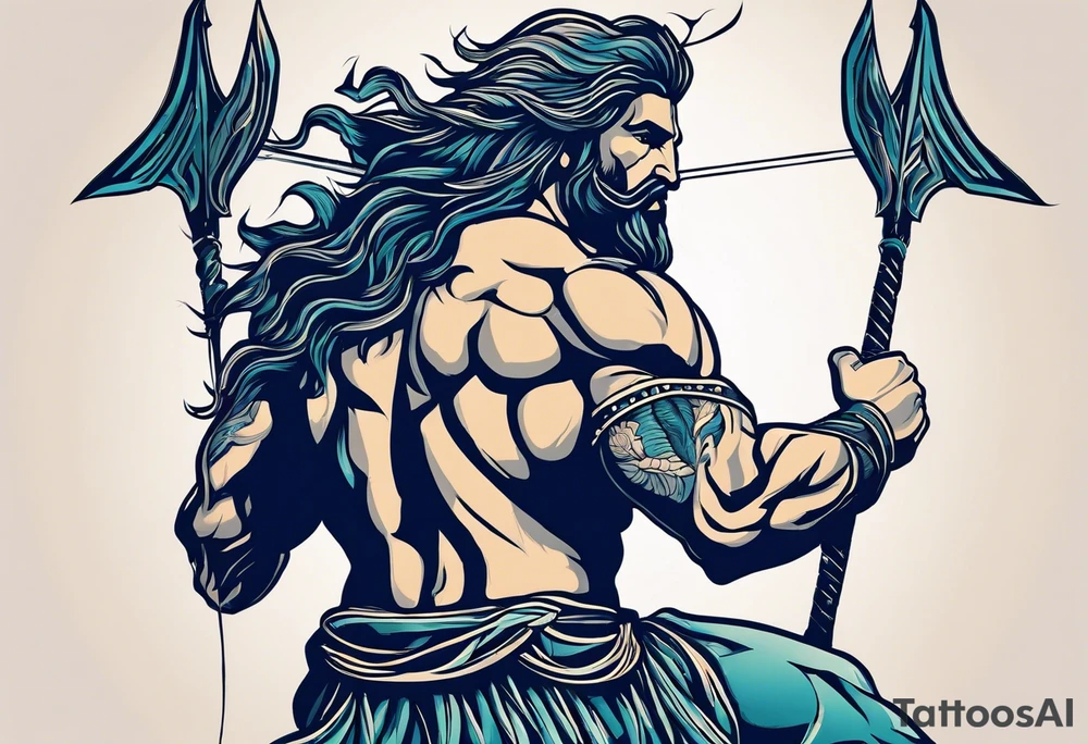 Poseidon with arrows in his back, full of anger and pain kneeling on his knee.
Make it look realistic, muscular and him masculine tattoo idea