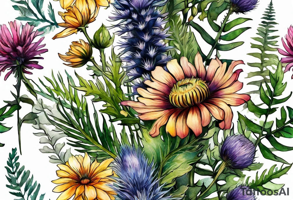 vertical mixed wildflower bouquet with ferns, thistle and with watercolor tattoo idea
