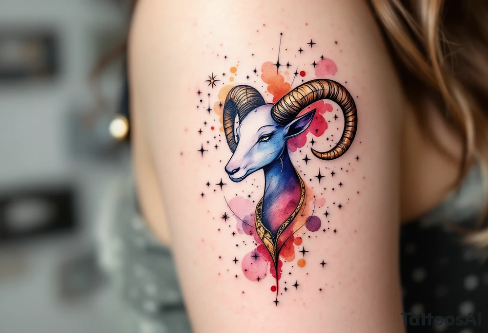 A watercolor-style Aries constellation blends shades of crimson, gold, and indigo to reflect the zodiac's passionate energy. tattoo idea