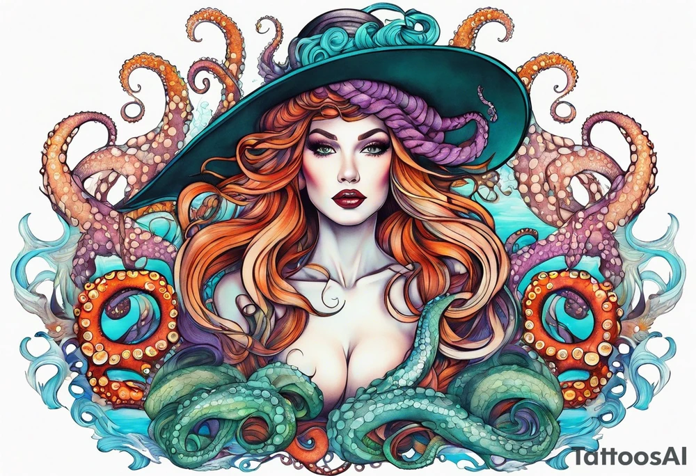 Sea witch with octopus tentacles for legs pinup style full color tattoo idea