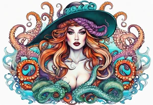 Sea witch with octopus tentacles for legs pinup style full color tattoo idea