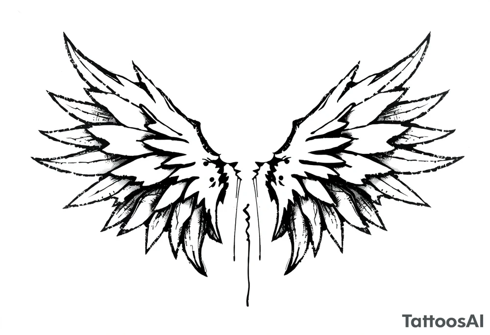 This tattoo design features a pair of stylized wings drawn in black ink with a sketch-like, abstract aesthetic. The wings are composed of sharp, angular feathers with jagged edges, giving them a rough, almost tribal or gothic appearance. The shading is done with a mix of soft gradients and stippling, adding depth and texture to the design. The center where the wings meet is fragmented, with thin lines extending downward, creating a sense of movement and raw energy. This design would make for a bold and edgy tattoo, symbolizing freedom, strength, or a rebellious spirit. tattoo idea