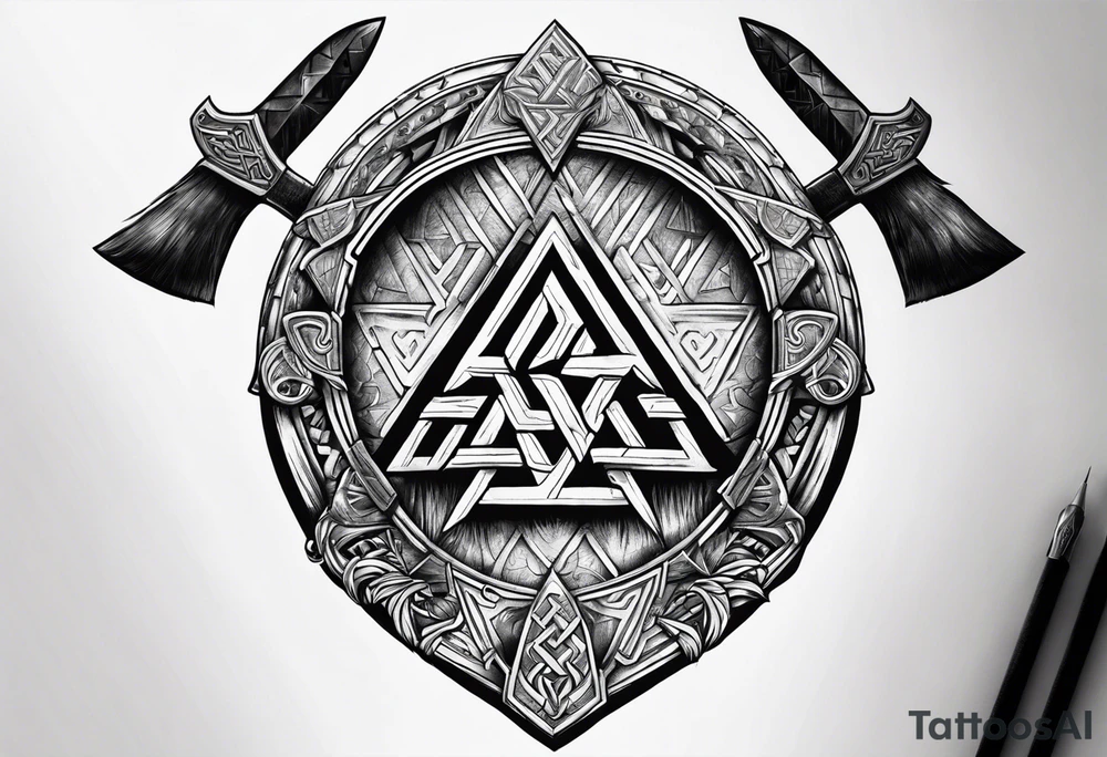 Valhalla sword shield axe Valknut tattoo idea