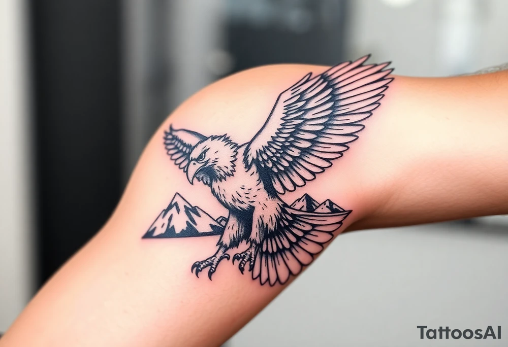 majestic eagle spreading wings against mountain peaks tattoo idea