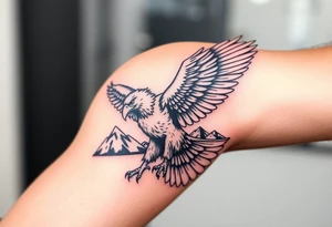 majestic eagle spreading wings against mountain peaks tattoo idea