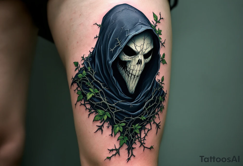 Plague Doctor with Thorned Vines – A mysterious plague doctor with tipical mask cloaked in dark green and black, with thorny vines creeping over the robe and mask, symbolizing death and rebirth. The mask is cracked, with moss growing in its crevices. tattoo idea