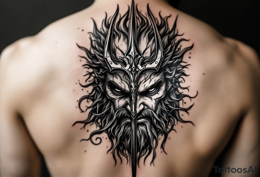 poseidon face behind trident tattoo idea