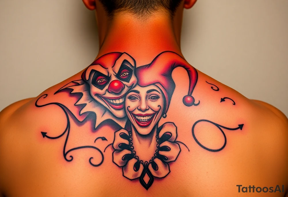 jester clown behind female jester making her smile tattoo idea