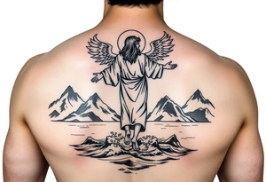 Jesus walking on water from behind with mountains around and two angels looking over him. tattoo idea