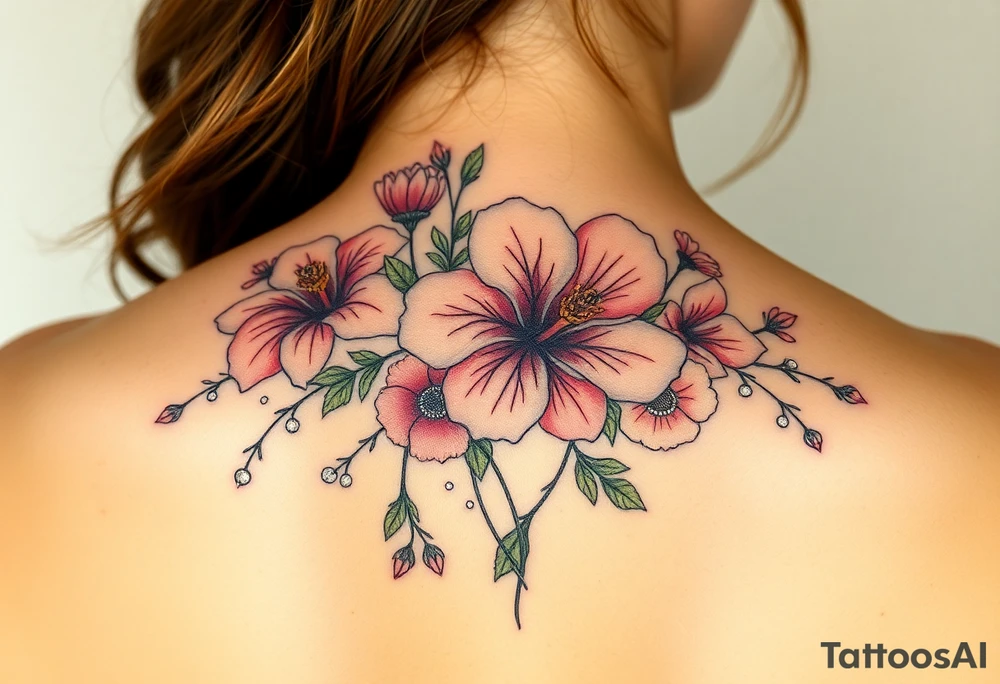 vintage bouquet of wild hibiscus
 and meadow flowers with morning dew and a fox tattoo idea
