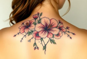 vintage bouquet of wild hibiscus
 and meadow flowers with morning dew and a fox tattoo idea