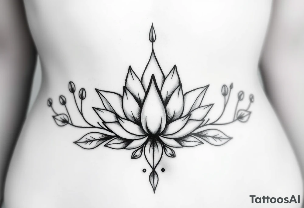 Symmetrical Lotus unalome with stems and leaves underboob tattoo idea