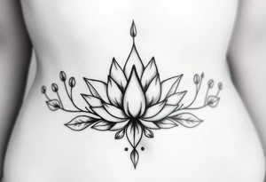 Symmetrical Lotus unalome with stems and leaves underboob tattoo idea