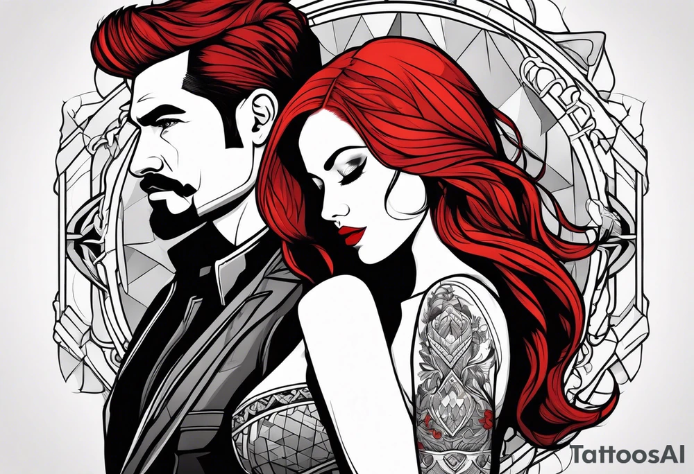 Busty Red haired woman with black haired bearded man tattoo idea