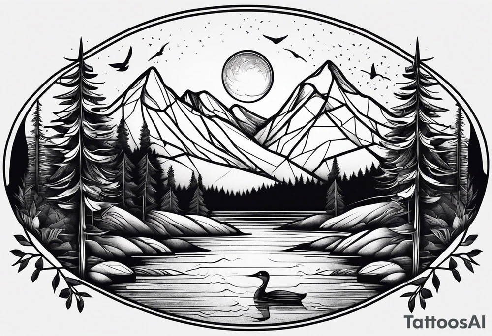 Geometric nature tattoo with moutains, lake, forest, birds and a moon. Tattoo needs to be the size of a forearm. tattoo idea