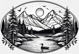 Geometric nature tattoo with moutains, lake, forest, birds and a moon. Tattoo needs to be the size of a forearm. tattoo idea